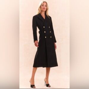LoveShackFancy Angeli Luxury Wool Military Coat, Black, Gold Metal Buttons, Sz 2